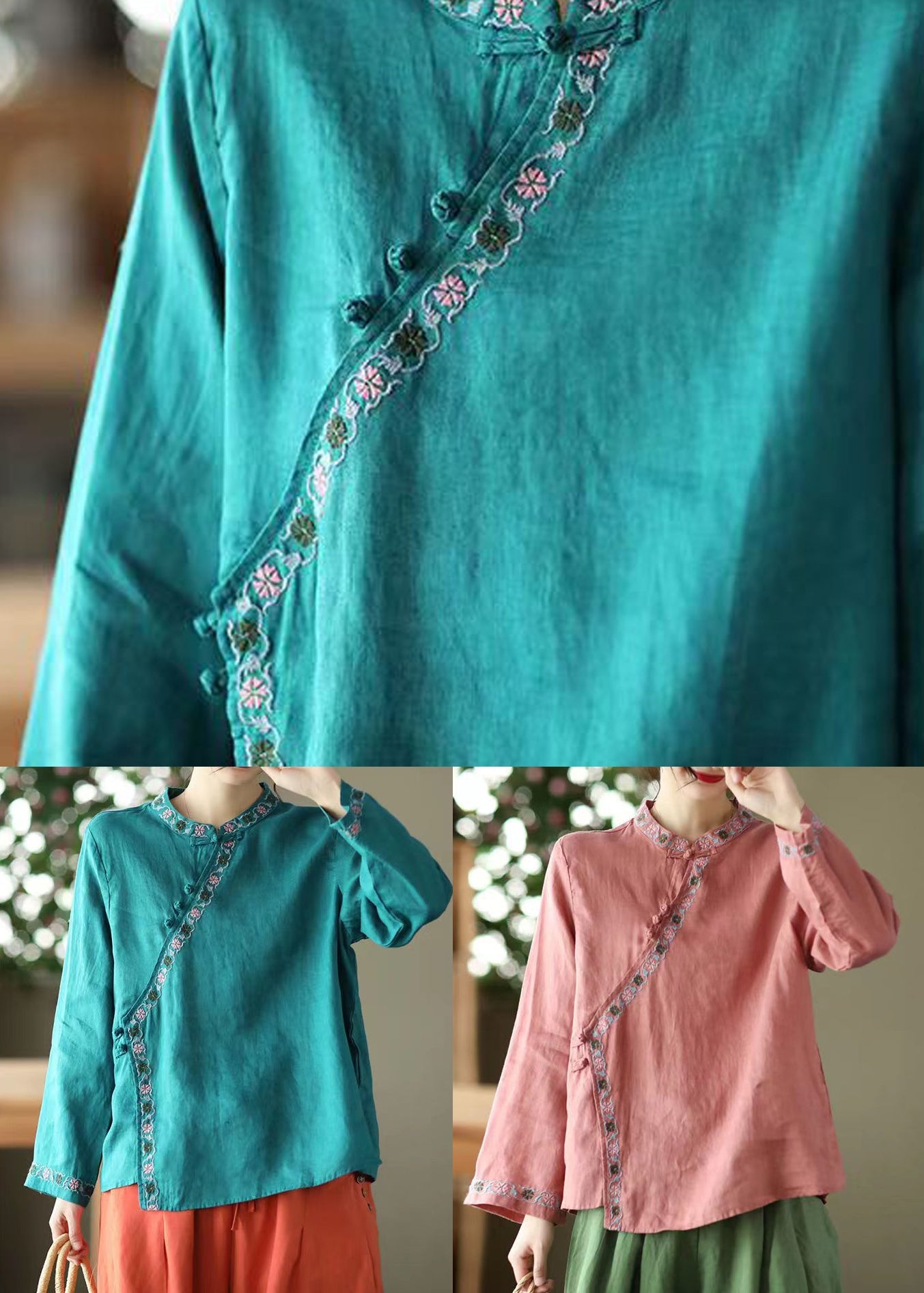 Blue Asymmetrical Design Linen Shirt Embroideried Long Sleeve