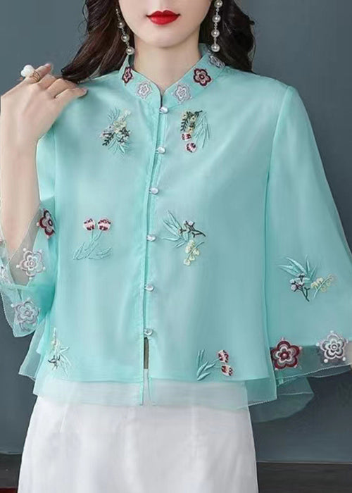 Blue Button Patchwork Shirt Top brodé