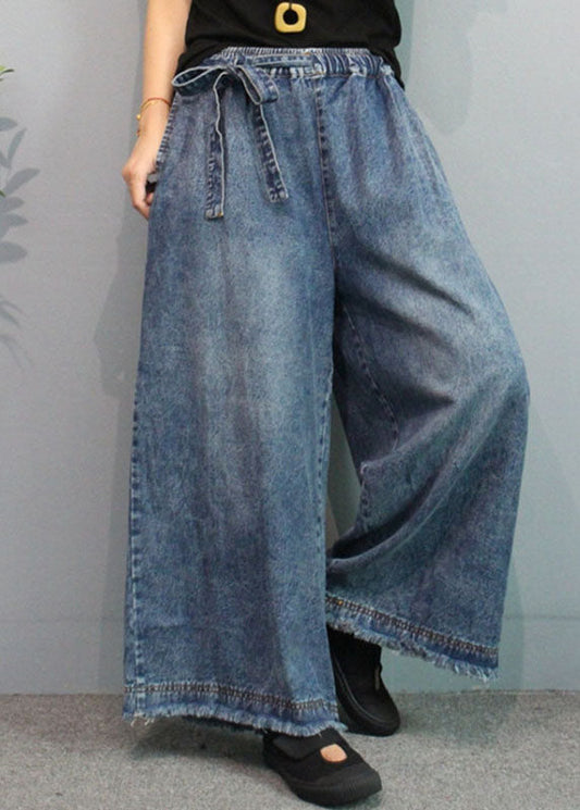 Blue Casual Retro Pockets Tie Taon Fall Pantalon Denim de jambe large