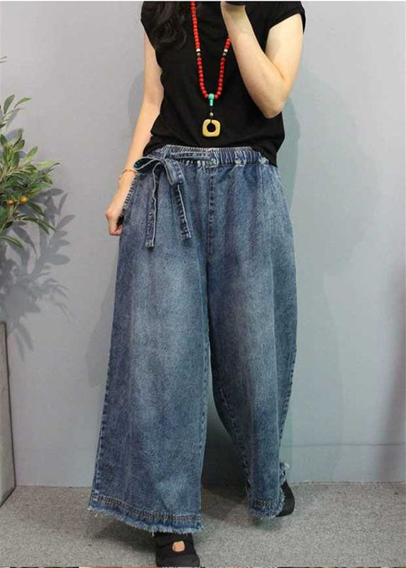 Blue Casual Retro Pockets Tie Taon Fall Pantalon Denim de jambe large