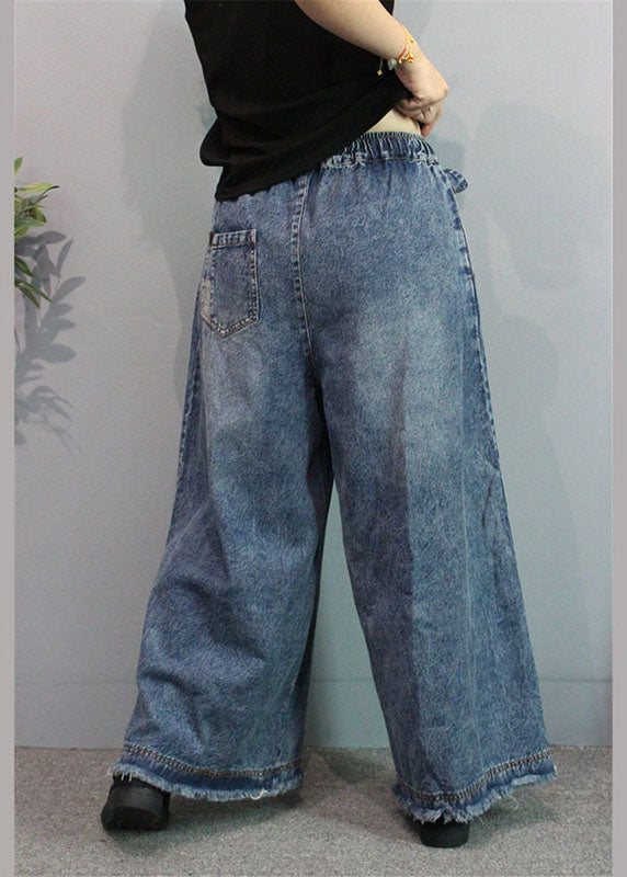 Blue Casual Retro Pockets Tie Taon Fall Pantalon Denim de jambe large