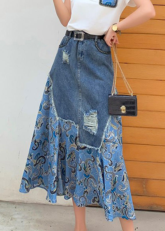 Blue Denim Patchwork High Taist Button Maxi Skir