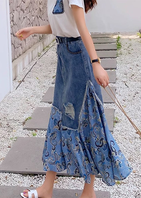 Blue Denim Patchwork High Taist Button Maxi Skir