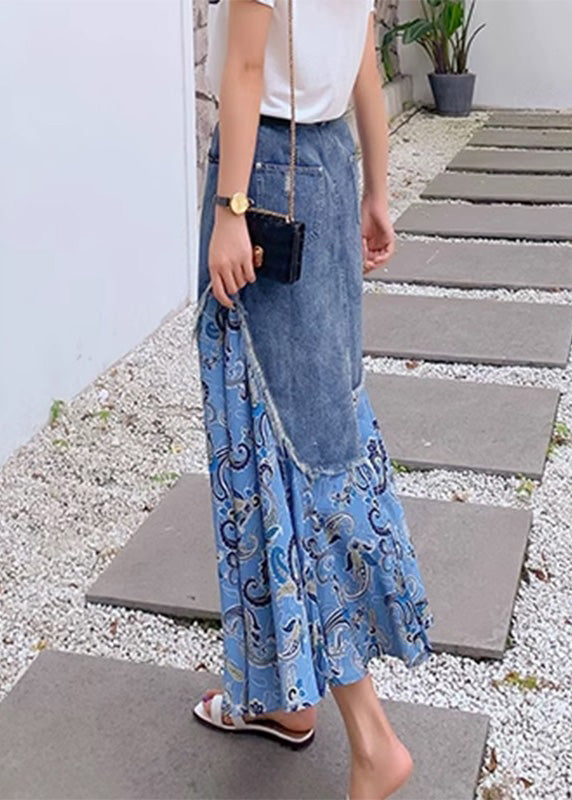 Blue Denim Patchwork High Taist Button Maxi Skir