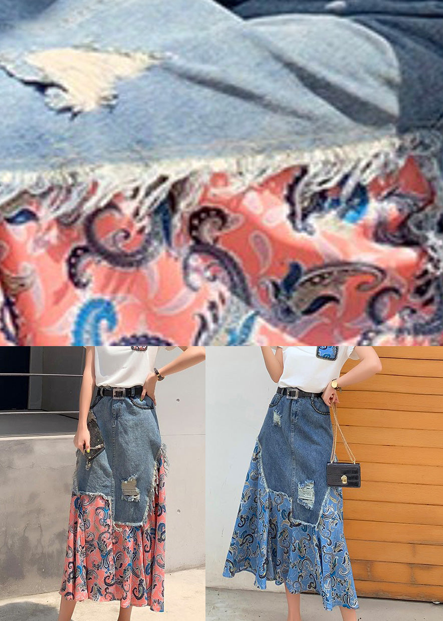 Blue Denim Patchwork High Taist Button Maxi Skir