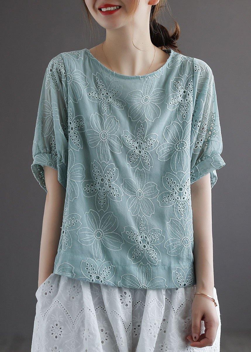 Blue Embroideried Floral Summer Blouses Half Sleeve - SooLinen