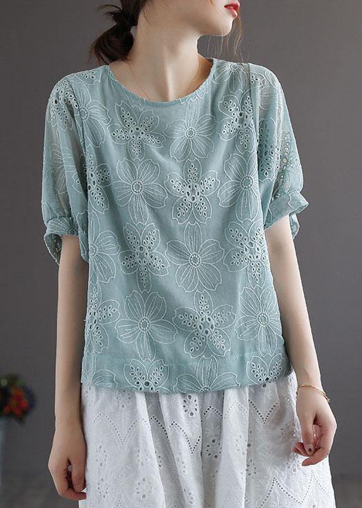 Blue Embroideried Floral Summer Blouses Half Sleeve - SooLinen