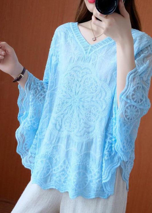 Blue Loose V Neck Summer Bat wing Sleeve Shirts - SooLinen