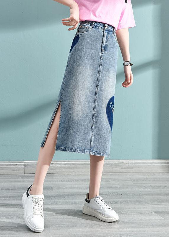 Blue Love Printing Wrap Cotton Denim jupe haute taille Pockets Summer