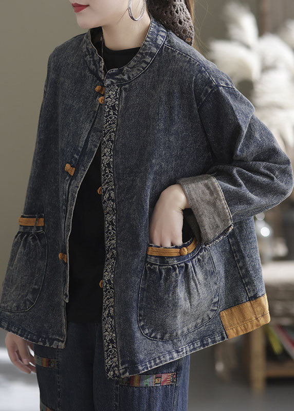 Blue Patchwork Cotton Denim Coats Stand Collar Oriental Bouton Fall