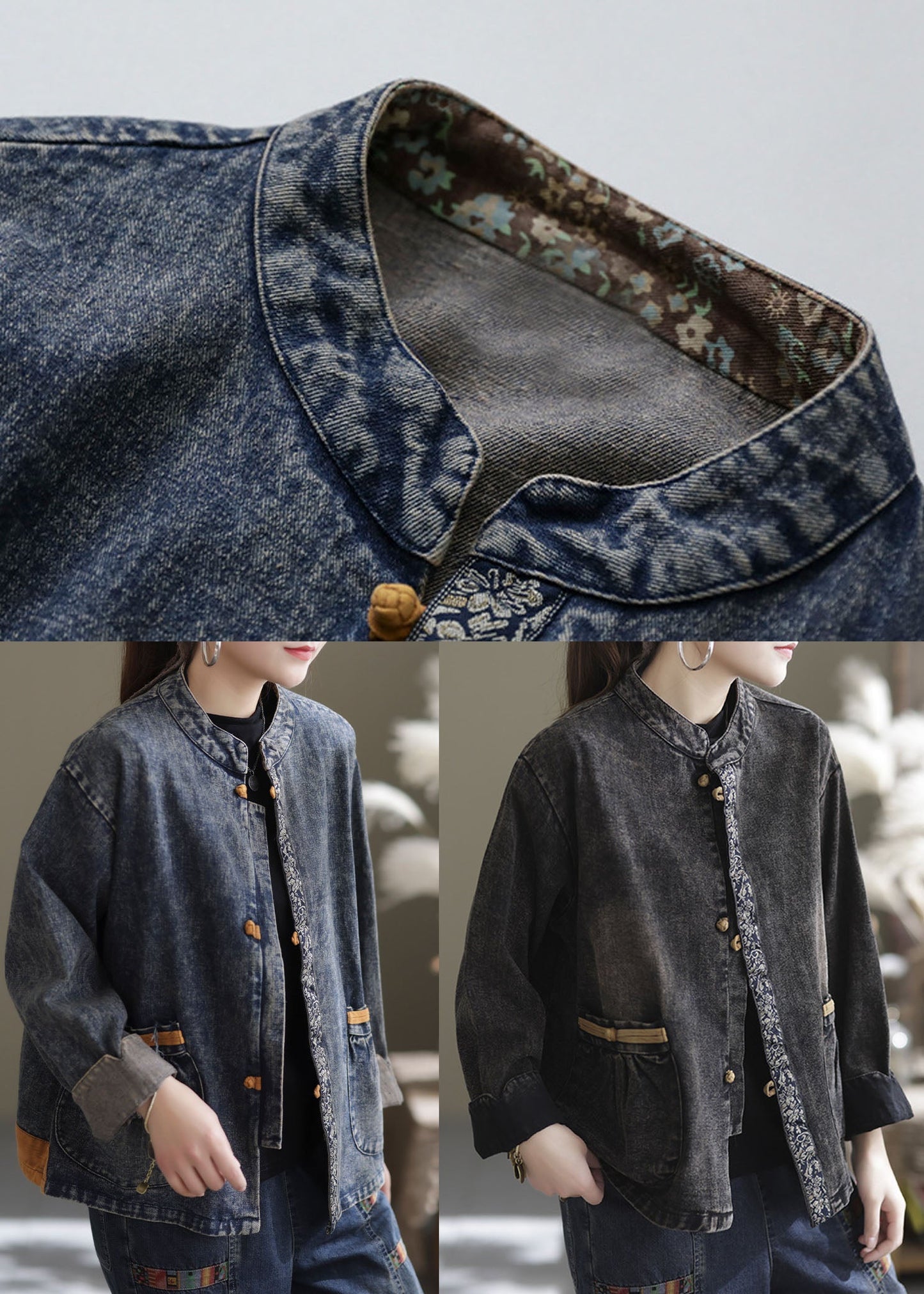 Blue Patchwork Cotton Denim Coats Stand Collar Oriental Bouton Fall