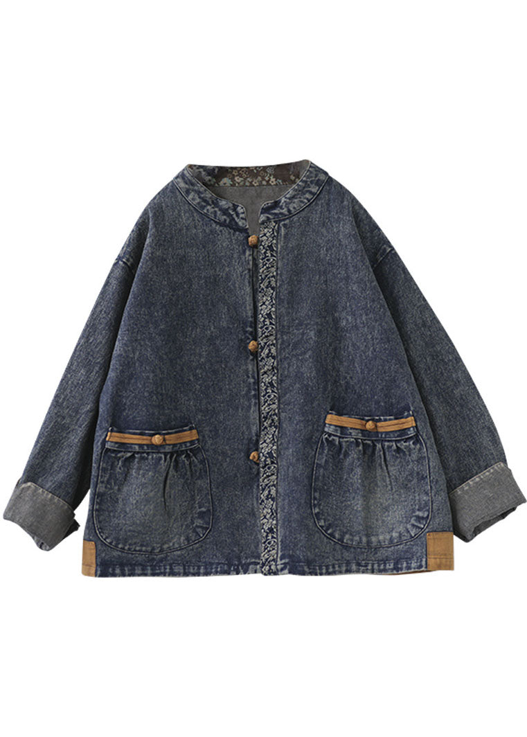 Blue Patchwork Cotton Denim Coats Stand Collar Oriental Bouton Fall