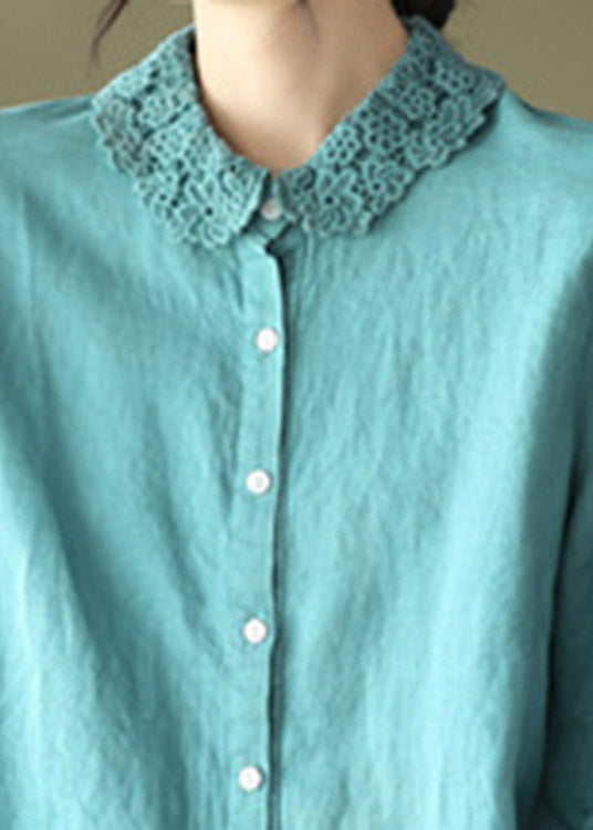 Blue Peter Pan Collar bouton de lin chemises longues à manches longues