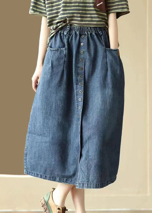 Blue Pockets Patchwork Denim Jirts plissés de la taille élastique