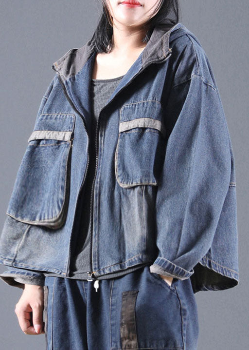 Blue Pockets Denim Jacket Zip Up Spring