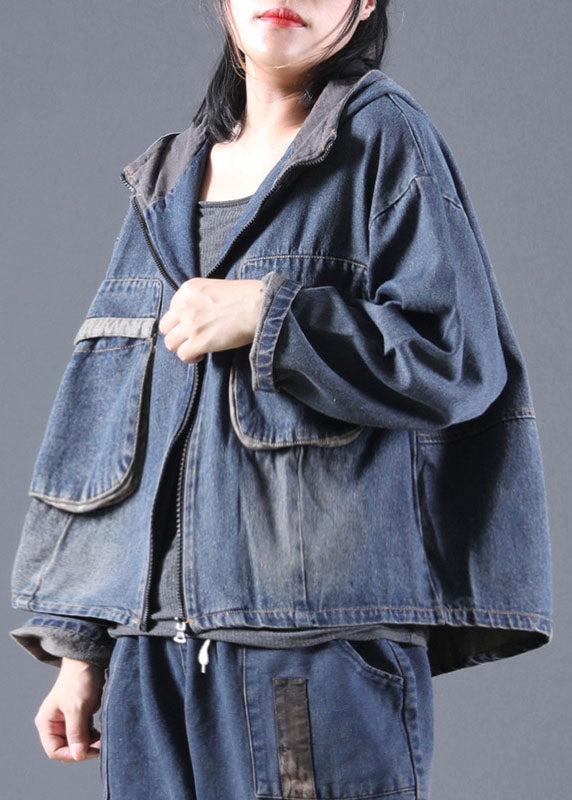 Blue Pockets Denim Jacket Zip Up Spring