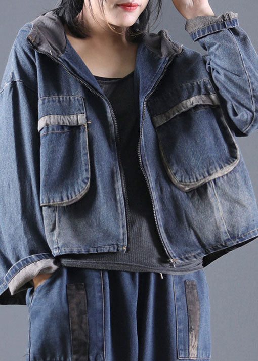 Blue Pockets Denim Jacket Zip Up Spring