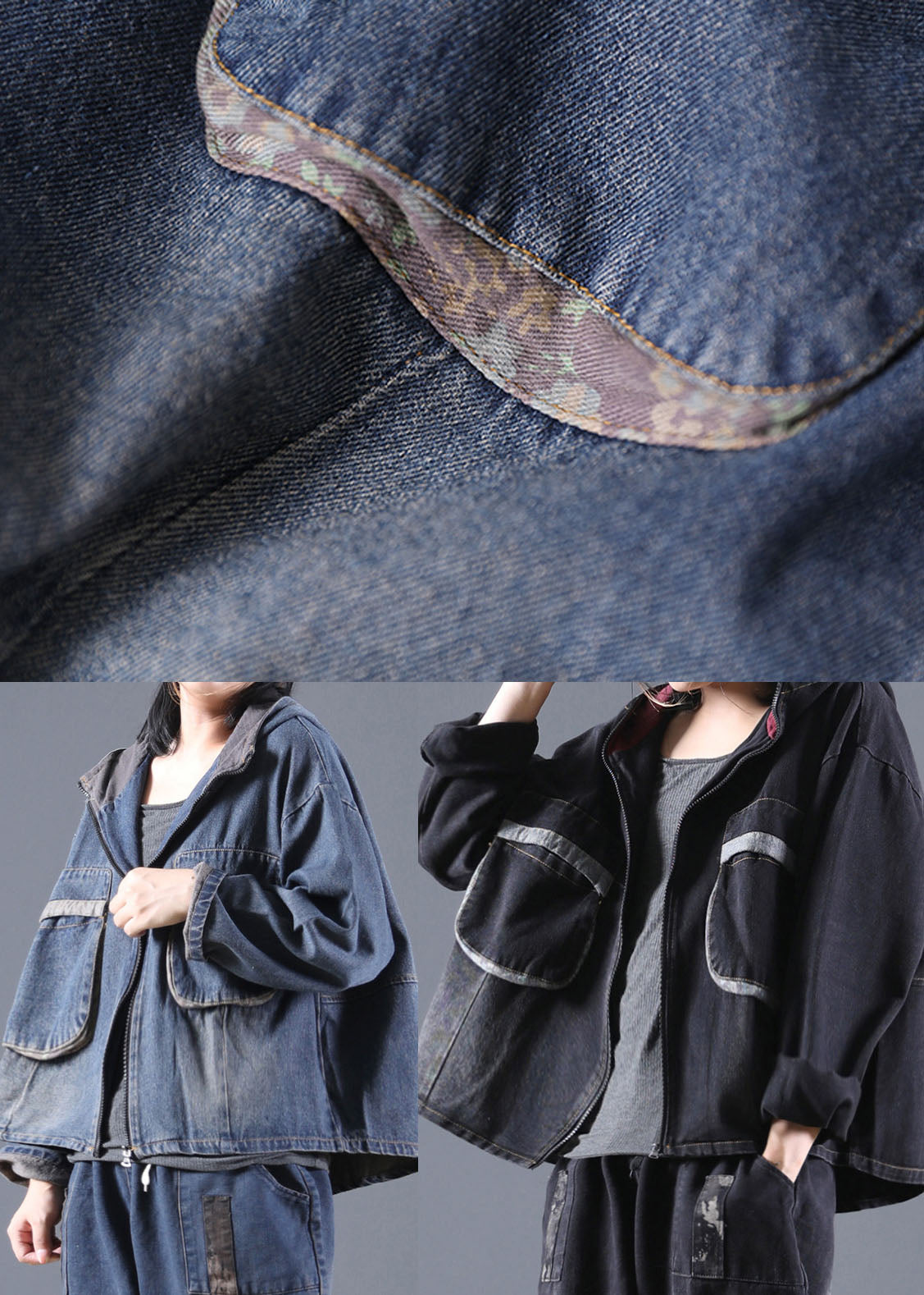 Blue Pockets Denim Jacket Zip Up Spring