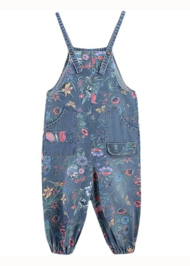 Blue Print Denim Spaghetti Sangle Jumps Curchs Pockets Spring