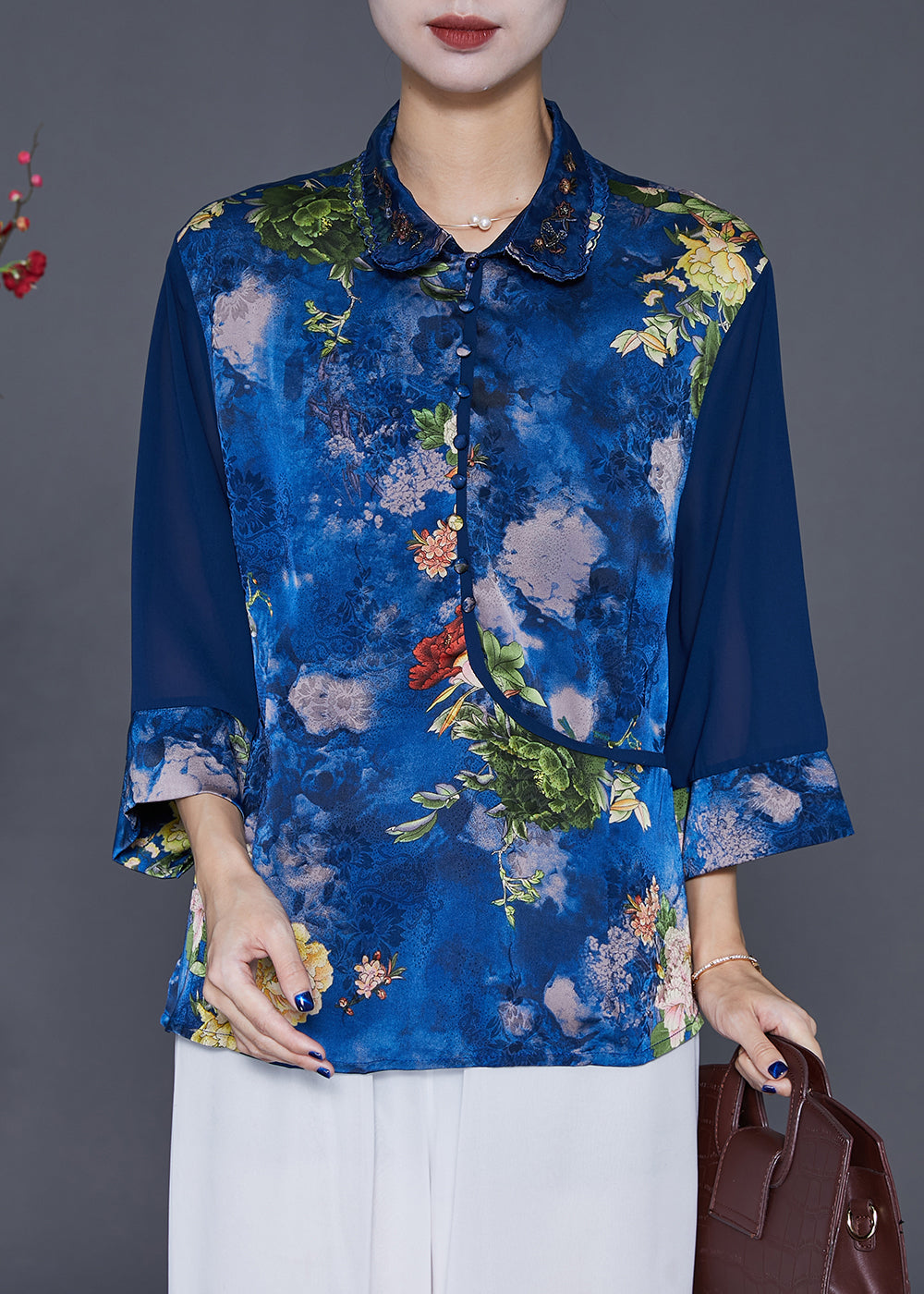 Blue Patchwork Patchwork Silk Blouse Top Peter Pan Collar Bracelet Sleeve