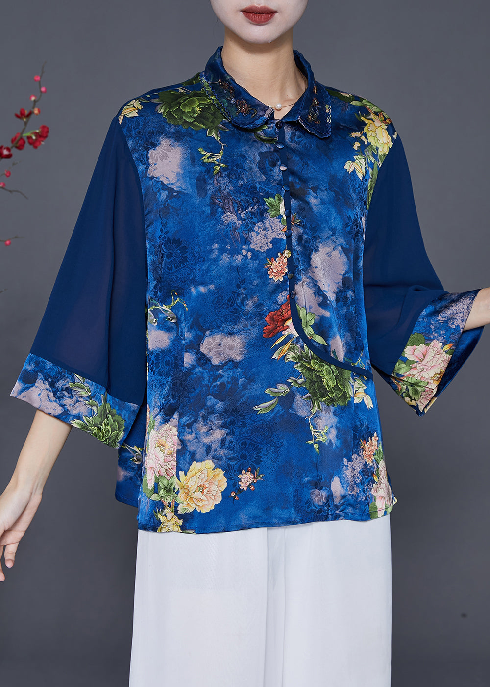 Blue Patchwork Patchwork Silk Blouse Top Peter Pan Collar Bracelet Sleeve