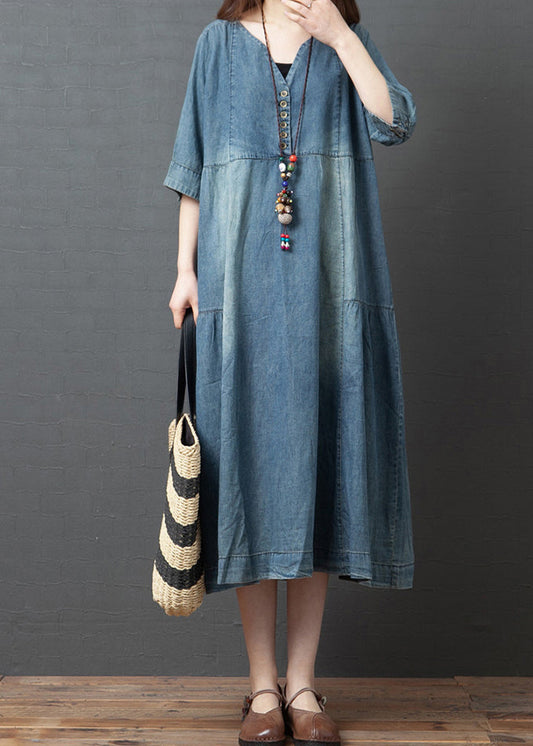 Blue Solid Patchwork Robes en denim en coton bouton demi-manche