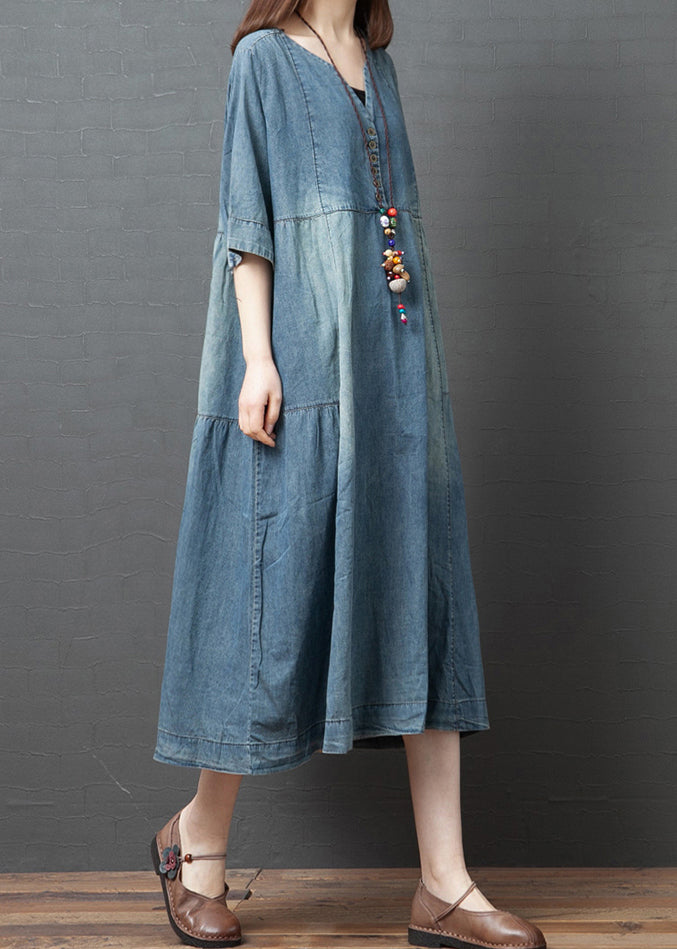 Blue Solid Patchwork Robes en denim en coton bouton demi-manche