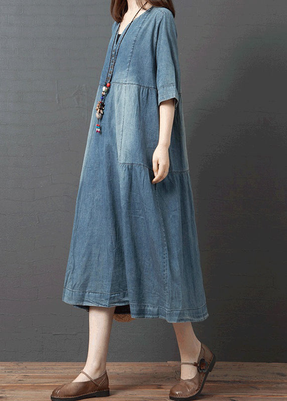 Blue Solid Patchwork Robes en denim en coton bouton demi-manche