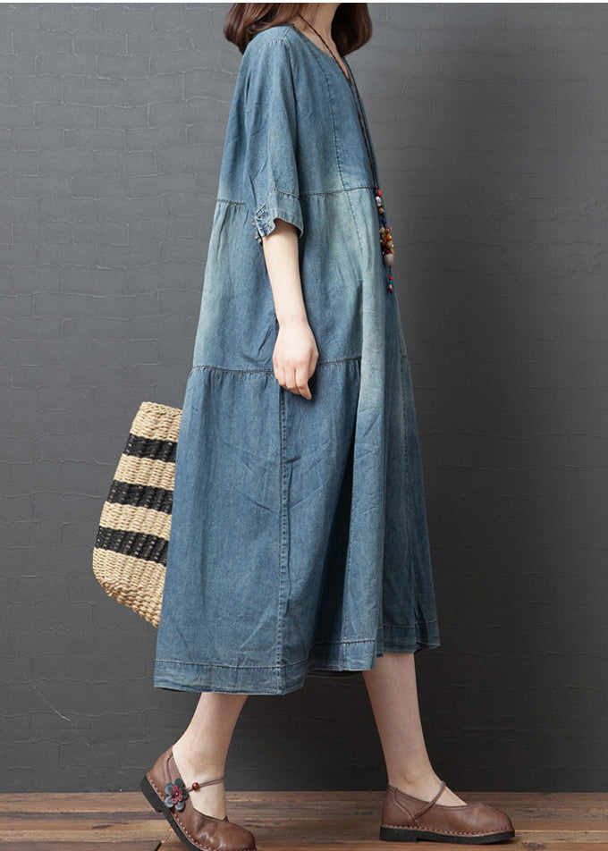 Blue Solid Patchwork Robes en denim en coton bouton demi-manche