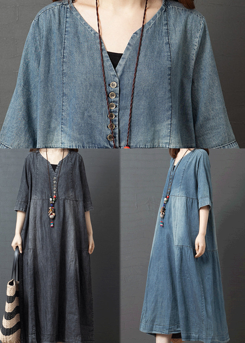 Blue Solid Patchwork Robes en denim en coton bouton demi-manche