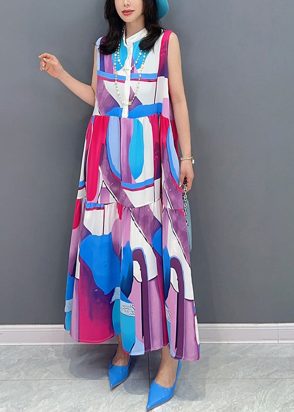 Blue Stand Collar Patchwork Long Robes Summer