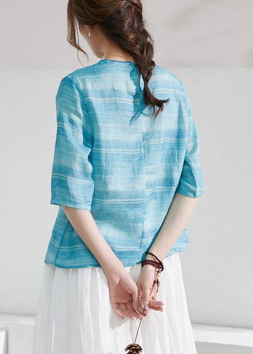 Blue Striped Chinese Style O-Neck Summer Ramie Blouse Half Sleeve - SooLinen