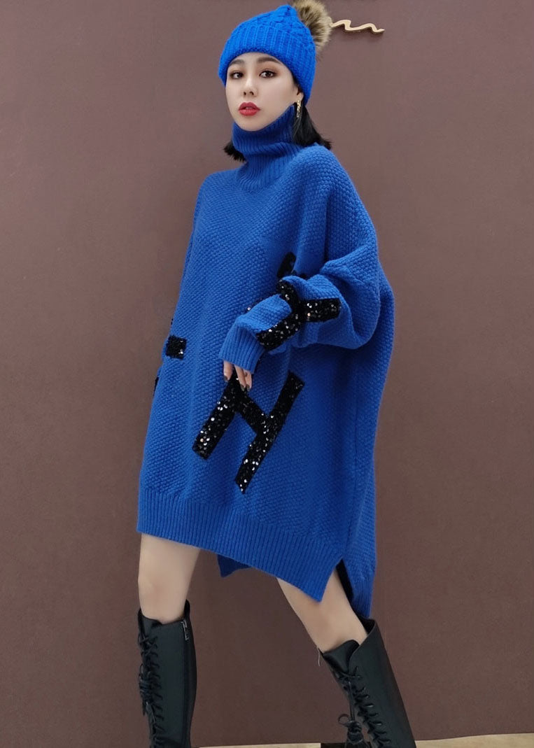 Blue Low High Design Knitwear Robe Robe Sequins Winter