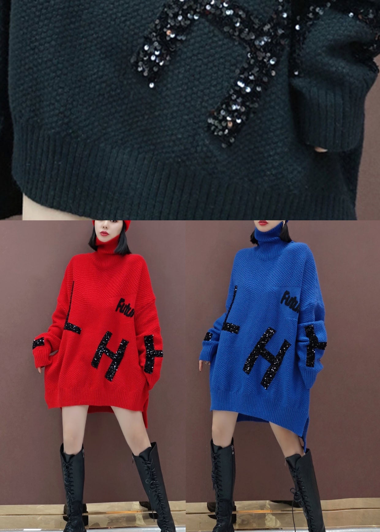 Blue Low High Design Knitwear Robe Robe Sequins Winter