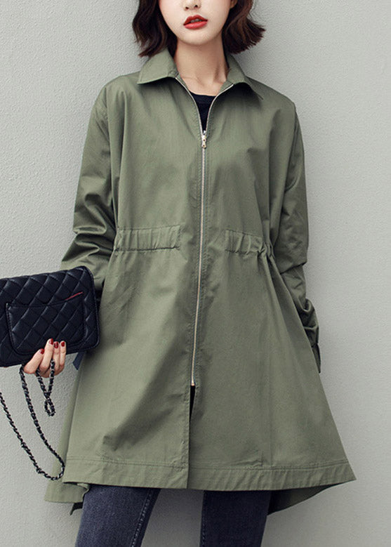 Bohemian Army Green Peter Pan Collar Zippered Drawstring Cotton Long Trench Coats Spring