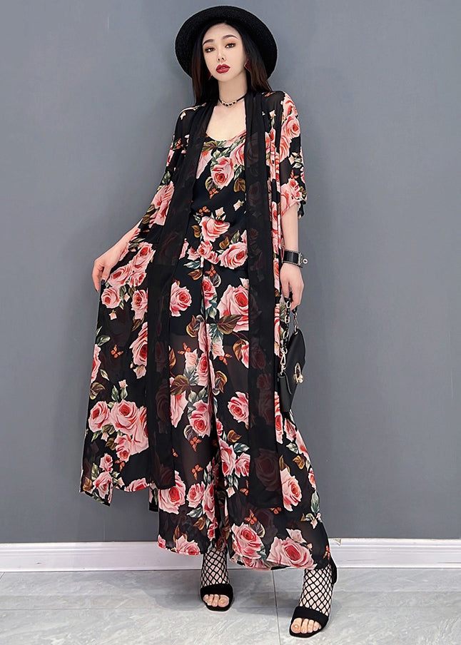 Bohemian Black Floral Print Draping Chiffon Women Sets 3 Pieces Summer