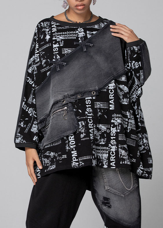 Bohemian Black Graphic Patchwork Denim Top Spring