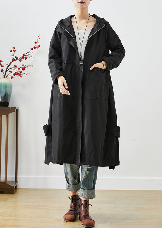 Bohemian Black Hooded Patchwork Pockets Spandex Coat Outwear Fall