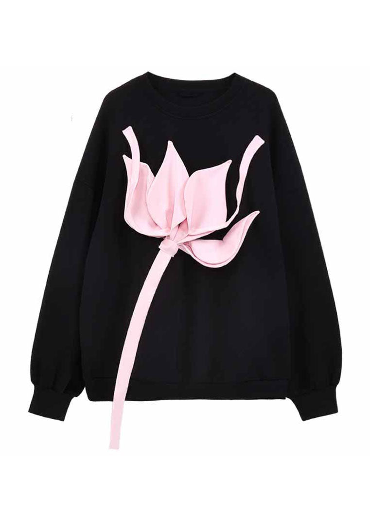 Bohemian noir O Neck Patchwork Coton Sweatshirts en vrac printemps