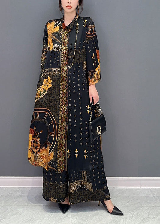 Bohemian Black Oversized Print Chiffon Long Shirt And Wide Leg Pant Two Piece Set Spring