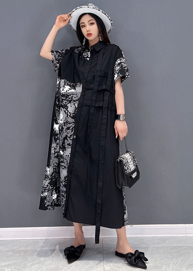 Bohemian Black Peter Pan Collar Print Cotton Shirt Dress Short Sleeve