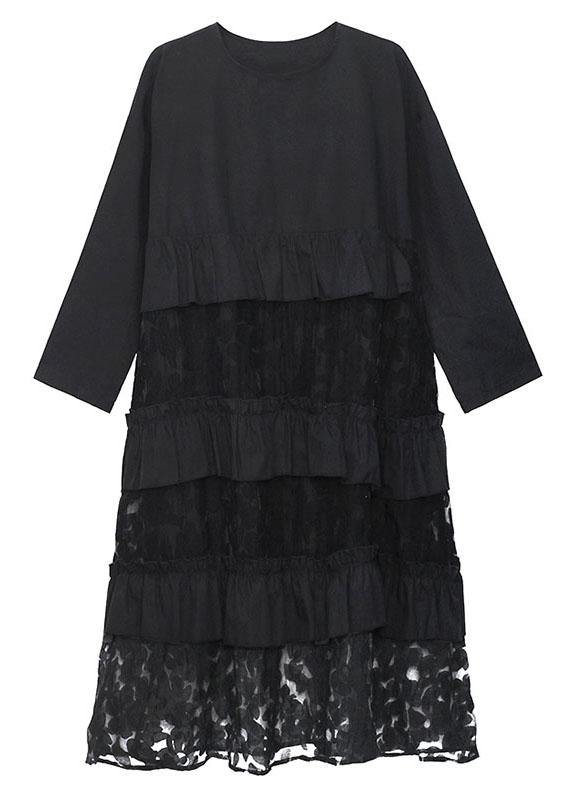 Bohemian Black Ruffles Pockets Patchwork Fall Dresses Long sleeve - SooLinen