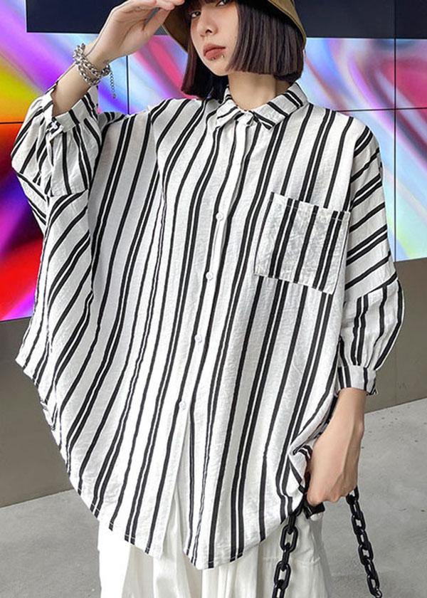 Bohemian Black White Striped Pockets Button Shirt Tops Summer - SooLinen