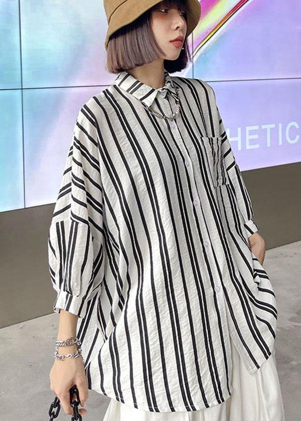 Bohemian Black White Striped Pockets Button Shirt Tops Summer - SooLinen