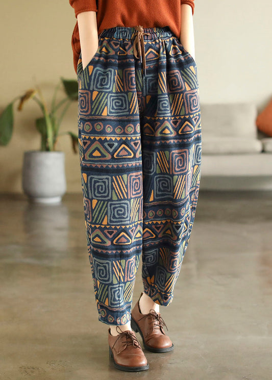 Bohemian Blue Elastic Pockets Print Cotton Cotton Denim Harem Pantal Fall