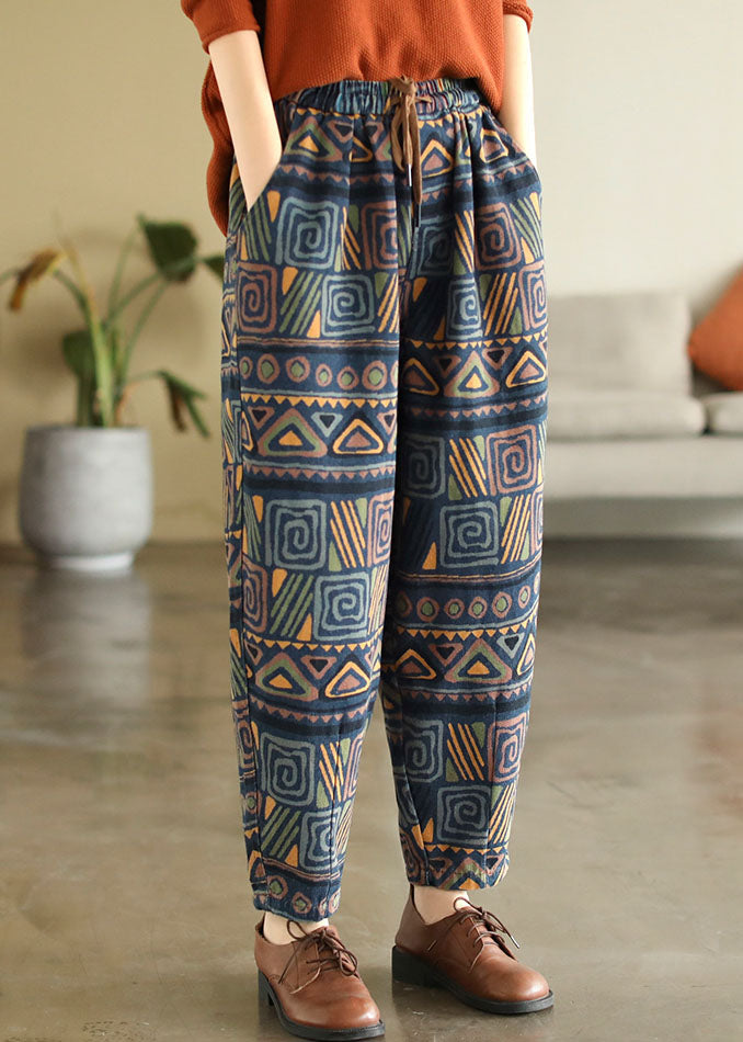 Bohemian Blue Elastic Pockets Print Cotton Cotton Denim Harem Pantal Fall