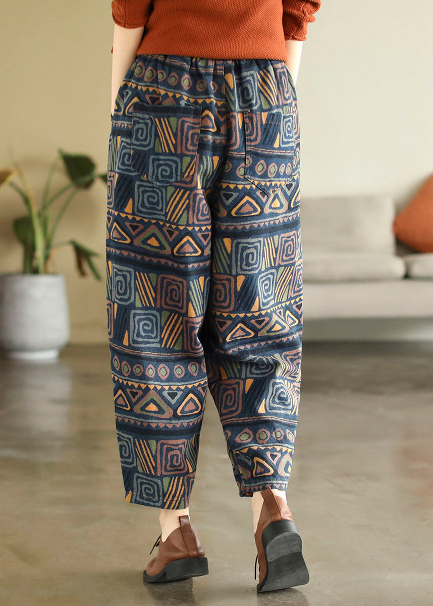 Bohemian Blue Elastic Pockets Print Cotton Cotton Denim Harem Pantal Fall