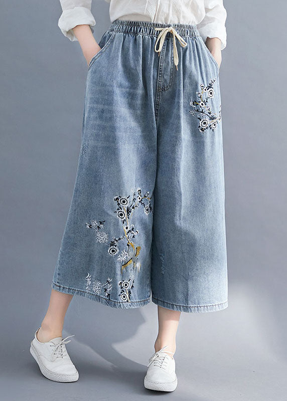 Bohemian Blue Broideried Poches Patchwork Denim Pantalon de jambe largement