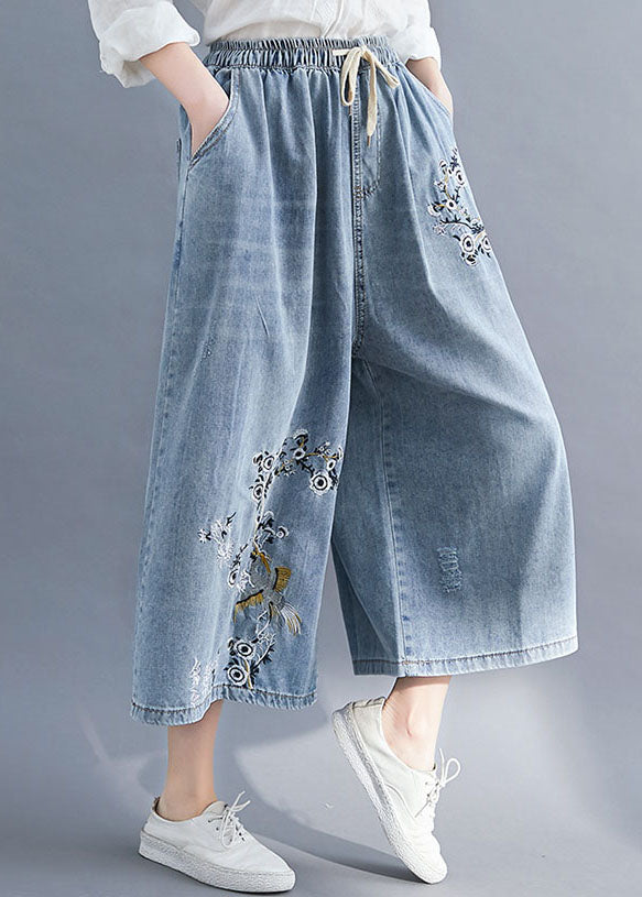 Bohemian Blue Broideried Poches Patchwork Denim Pantalon de jambe largement