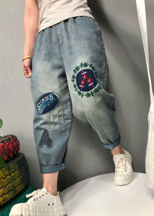 Bohemian Blue Broideried Denim Pants printemps